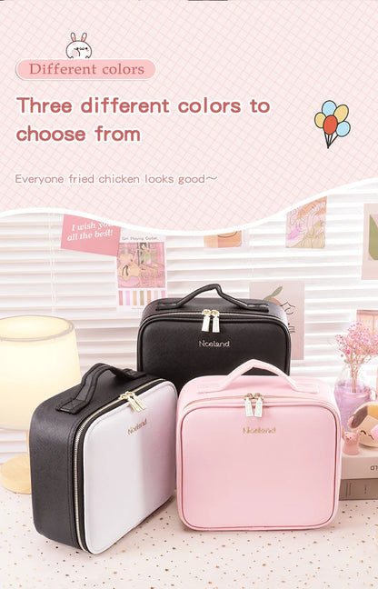 Travel Makeup Bag with LED Lighted Mirror 3 Color Scenarios Adjustable Brightness, with DIY Dividers, Toiletry Makeup Case Gift