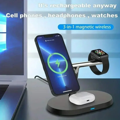Magnetic 3-in-1 Wireless Charger 15W Fast Charging Stand for Smartphone, Smartwatch & Wireless Earbuds Portable Desktop