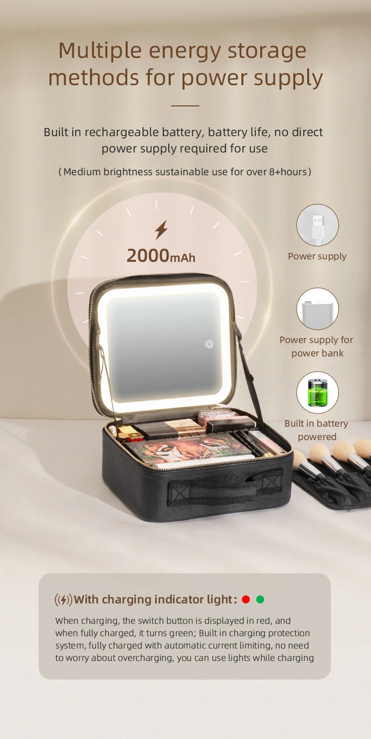 Travel Makeup Bag with LED Lighted Mirror 3 Color Scenarios Adjustable Brightness, with DIY Dividers, Toiletry Makeup Case Gift