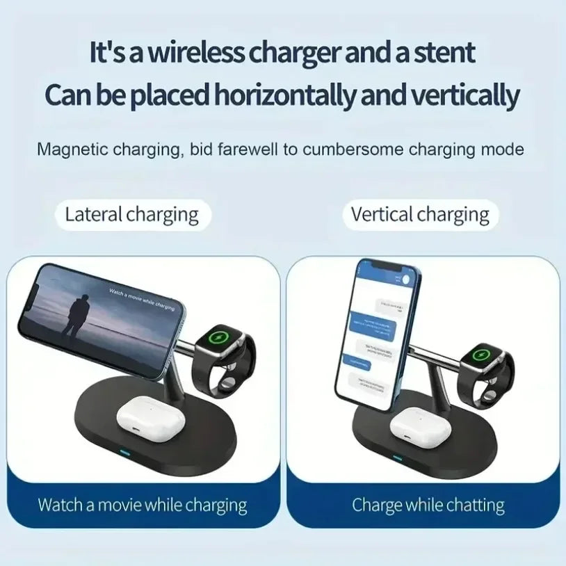 Magnetic 3-in-1 Wireless Charger 15W Fast Charging Stand for Smartphone, Smartwatch & Wireless Earbuds Portable Desktop