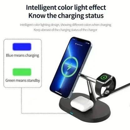 Magnetic 3-in-1 Wireless Charger 15W Fast Charging Stand for Smartphone, Smartwatch & Wireless Earbuds Portable Desktop