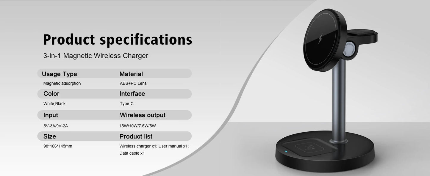 15W Fast Wireless Charger Stand 3-in-1 Magnetic Wireless Charger For iPhone 12-16 Series iWatch And AirPods Adjustable Angle