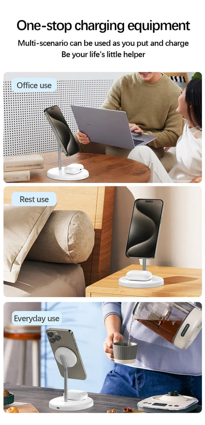 Desktop Magnetic 2 in 1 Wireless Charger Stand For iPhone17 16 15 14 13 12 Pro Max AirPod Pro Fast Phone Charging Station Holder