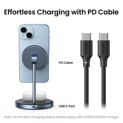 UGREEN Magnetic Wireless Charger Stand 7.5W 2-in-1 Charging Stand For iPhone 16 17 Pro Max/iPhone 14/AirPods Fast Charger