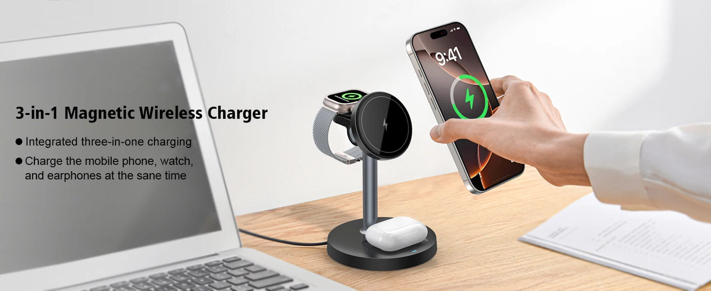 15W Fast Wireless Charger Stand 3-in-1 Magnetic Wireless Charger For iPhone 12-16 Series iWatch And AirPods Adjustable Angle