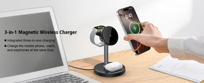 15W Fast Wireless Charger Stand 3-in-1 Magnetic Wireless Charger For iPhone 12-16 Series iWatch And AirPods Adjustable Angle