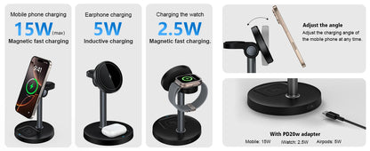 15W Fast Wireless Charger Stand 3-in-1 Magnetic Wireless Charger For iPhone 12-16 Series iWatch And AirPods Adjustable Angle